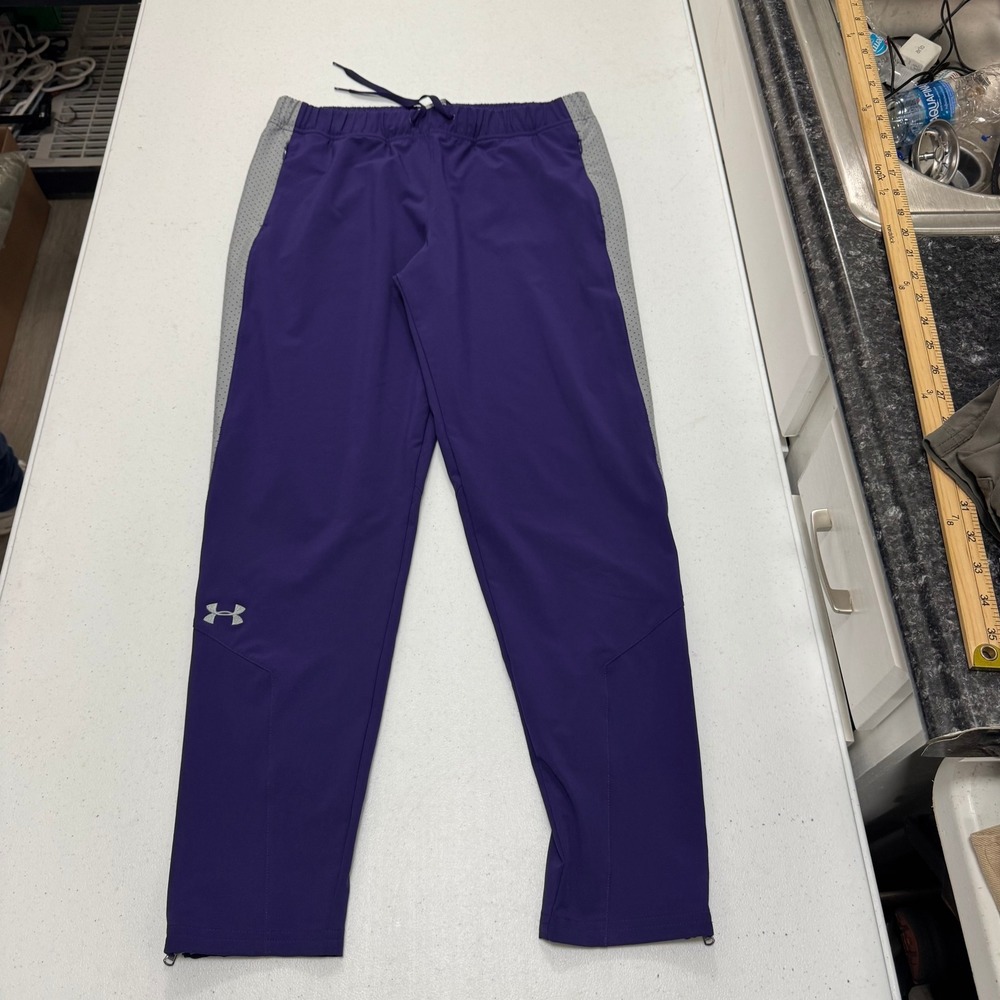 Under Armour Mens HeatGear Loose Athletic Pants Purple Grey Zipper Cuffs‎ Small
